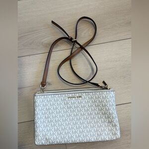 Michael Kors Jet Set Double Pouch White and Brown Crossbody Bag with Monogram
